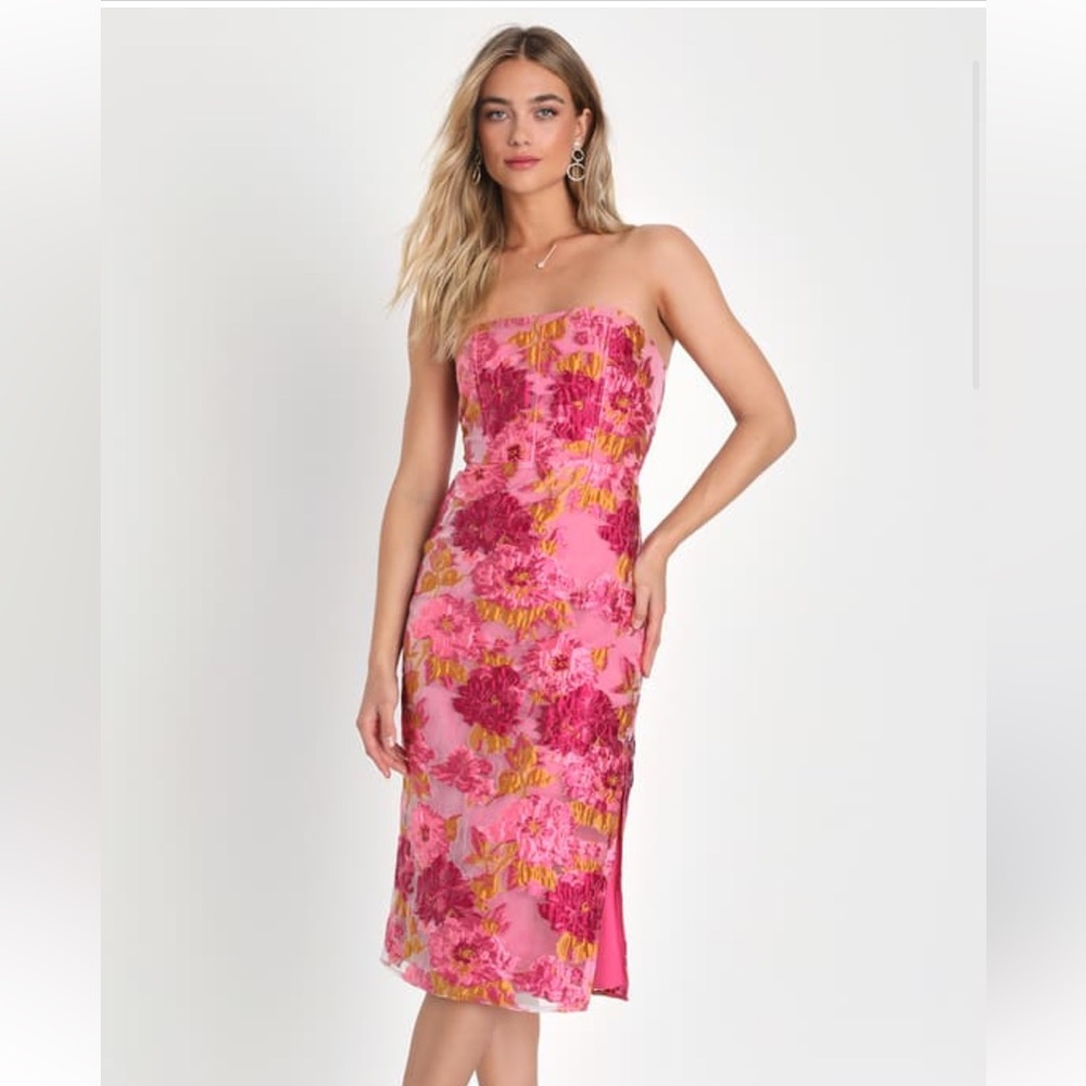 Lulus pink floral jacquard strapless bustier midi dress